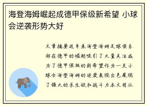 海登海姆崛起成德甲保级新希望 小球会逆袭形势大好